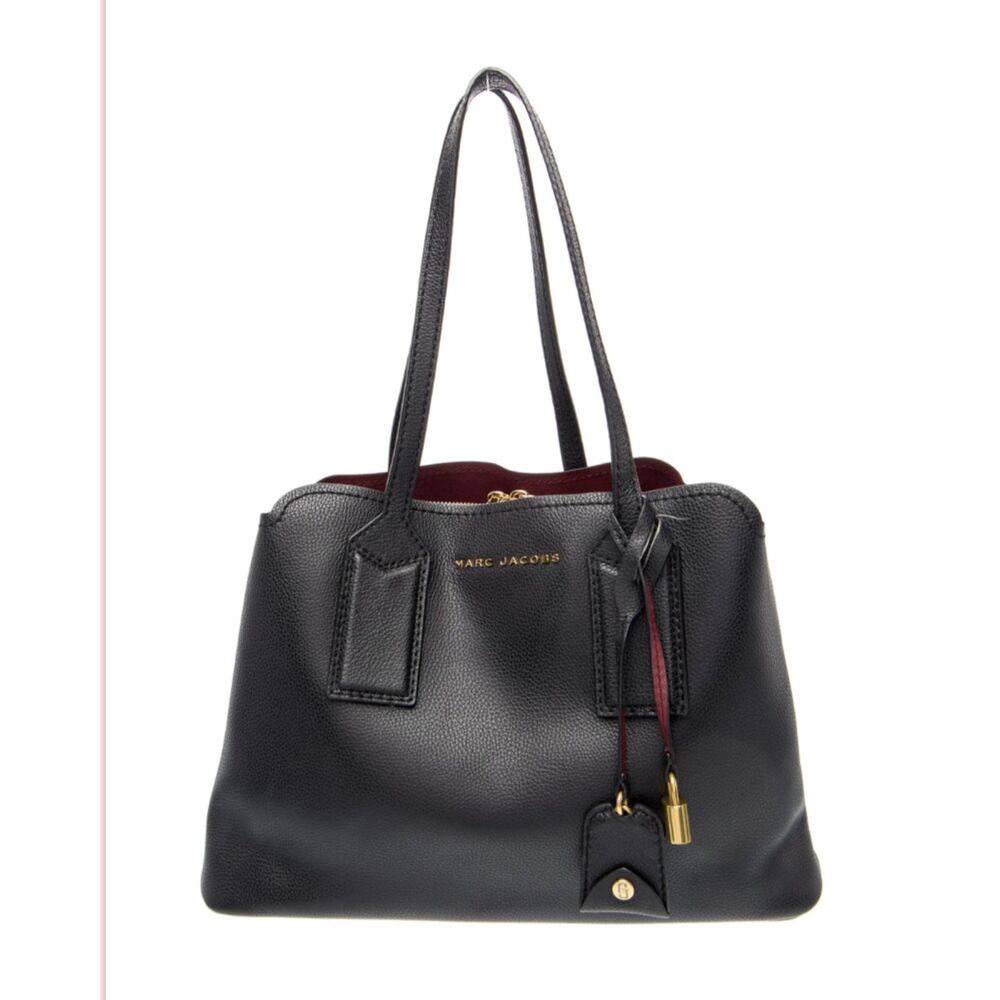 Marc Jacobs The Editor Leather Tote Shoulder Bag Black Burgundy Padlock